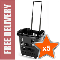 5 x 34 Litre Shopping Basket On Wheels - Black